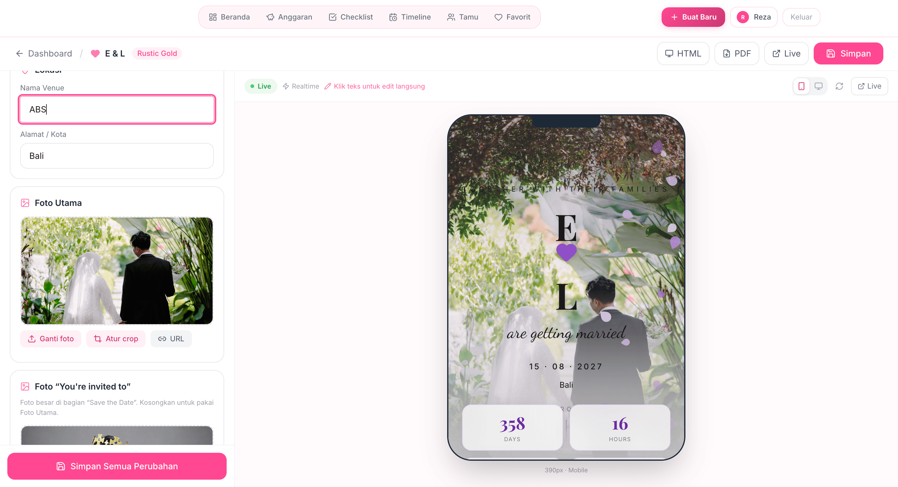 Kustomisasi undangan digital — tema, foto, dan detail acara