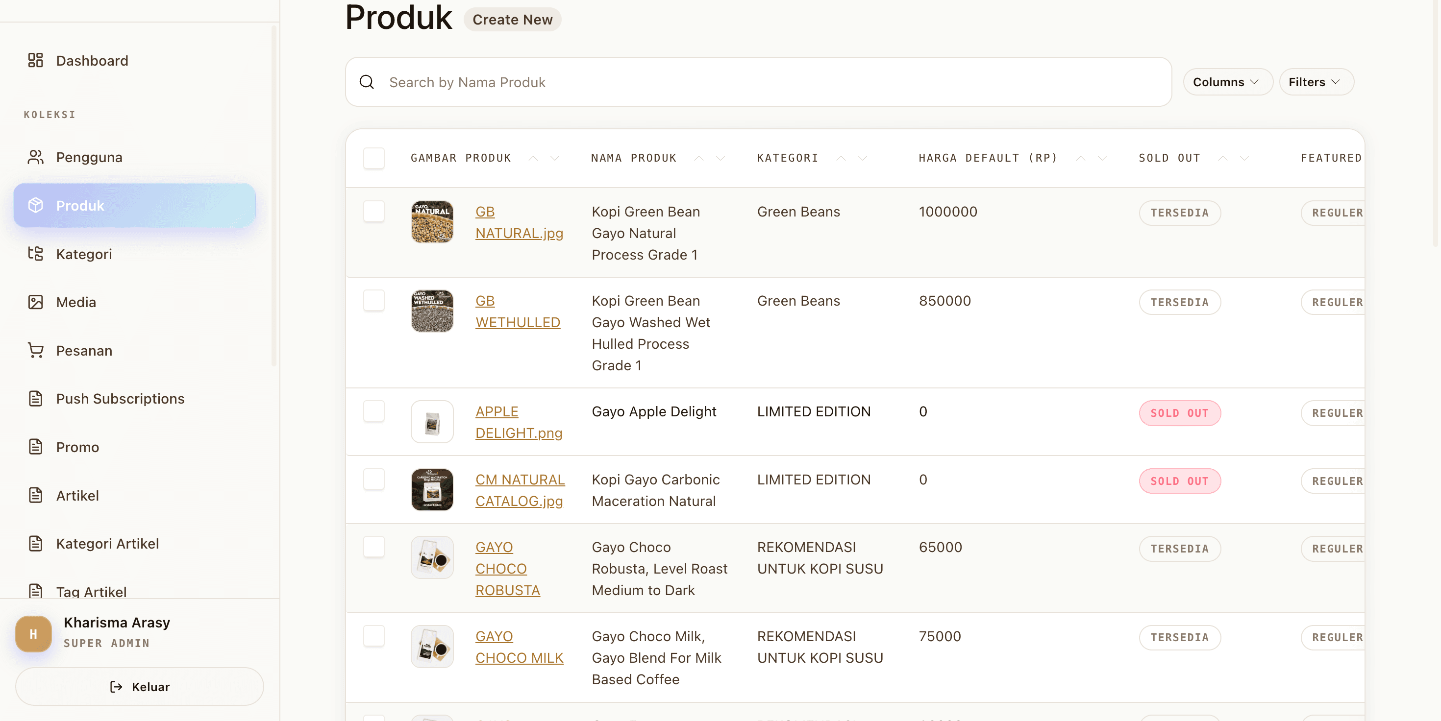 Admin panel — manajemen katalog produk