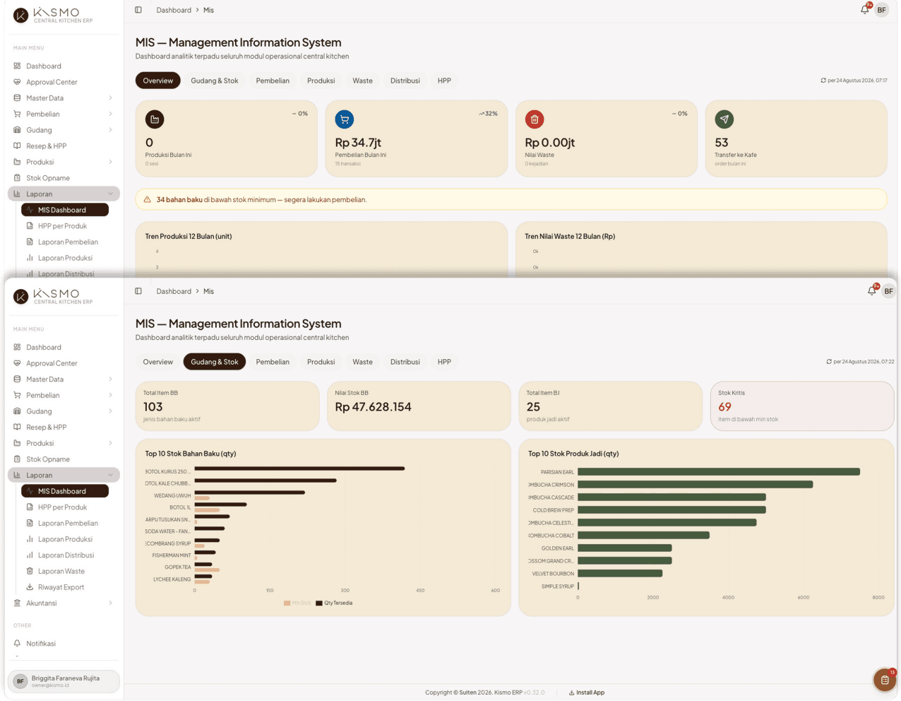 MIS Dashboard — tab Overview dan Gudang & Stok