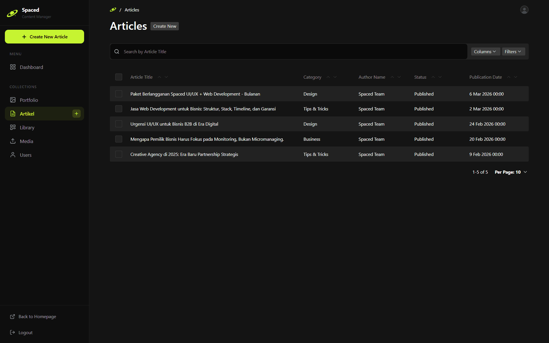 Panel CMS — kelola artikel, portfolio, dan library